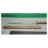 Carved wooden scabbard straight double edged sword