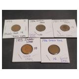 5) Indian Head Pennies 1895, 96, 97, 1905, 06