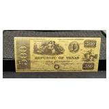 Fake Republic of Texas 500 Dollar Bank Note
