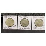 3)  Kennedy 40% Silver Half Dollars 1965, 66, 67