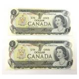 1973 Canadian sequential $1 bills.