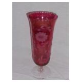 Vintage Cornflower etched cranberry vase.
