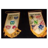 Vintage NHL pennants w/ Sudbury Wolves autographs.
