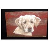 Rustic painting on wooden slab.