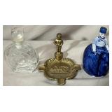 Brass ashtray, perfume bottle & Delft.