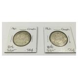 1961 & 1962 Canadian 80% Silver .50 cent pieces.