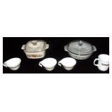 Milk glass casseroles, tea cups & creamer.