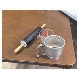 Flour sifter rolling pin and glass measures cup