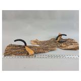 Two Bark-On Wood Wall Hangings with Horseshoe and Suede Accents