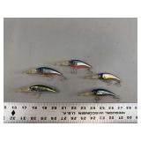 Lot of Five Hard Plastic Diving Fishing Lures with Clear Lips and Treble Hooks
