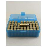 Assorted Brass Casings in Blue Plastic Storage Box
