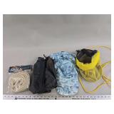 Cabela's Dock Line Rope, Black Nylon Stuff Sack, Blue Pattern Sun Hat, and Yellow Mesh Bag Grouping