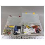Two Transparent Plastic Tackle Boxes with Fishing Lures, Sinkers, and Accessories