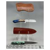 Two Fixed Blade Knives with Pattern-Welded Steel Blades and Two Leather Sheaths