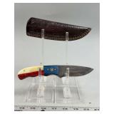 Custom Forged File Blade Knife with Multicolored Handle and Leather Sheath