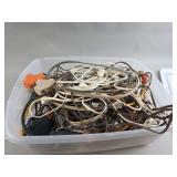 Assorted Electrical Cords and Power Taps in Plastic Bin
