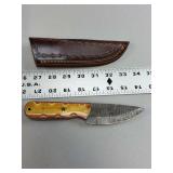 Custom Damascus Fixed Blade Knife with Multi-Color Wood Handle and Leather Sheath