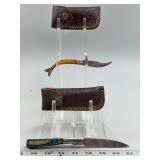 Lot of Two Damascus Steel Folding Pocket Knives with Leather Sheaths