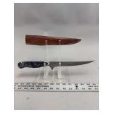 Custom Damascus Steel Fixed Blade Knife with Swirled Resin Handle and Brown Leather Sheath
