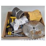Assorted Hand Tools, Circular Saw Blades, Clamps, and Glue Gun