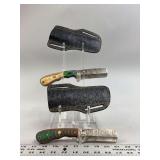 Set of Two Damascus Steel Fixed Blade Knives with Custom Wood Handles and Leather Sheaths