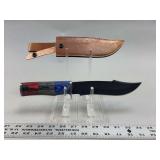 Fixed Blade Bowie Knife with Multi-Colored Wood Handle and Leather Sheath