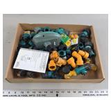 Box of Hose Fittings, Sprinkler Timers, and Hose Washers