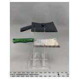 Damascus Steel Cleaver with Green and Blue Wood Handle and Leather Sheath