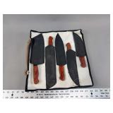 Damascus Steel Kitchen Knife Set with Leather Sheaths and Roll Bag
