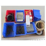 Hardware Lot with Plastic Bins, Fasteners, Staples, and Adhesive Tape Rolls