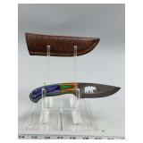 Custom Fixed Blade Knife with Bear Cutout and Multi-Color Wood Handle and Sheath