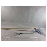 Three Metal Yard Rakes and Garden Hoe with Wooden and Metal Handles