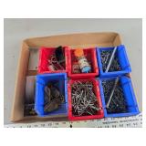 Assorted Hardware in Plastic Storage Bins with Nails and Brads