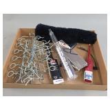 Mixed Lot of Hardware, Office Supplies, and Display Hooks in Cardboard Box