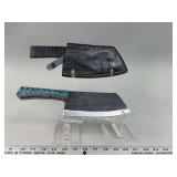 Handmade File Cleaver Knife with Blue and Red Laminate Wood Handle and Embossed Leather Sheath