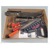 Assorted Hand Tools Including Saw-Aid Square, Files, and Snips