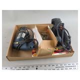 Bosch Power Drill, Black and Decker Orbital Sander, Sandpaper Sheets, Metal Brackets, and Hardware Box