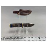 Damascus Steel Fixed Blade Knife with Wood Handle and Leather Sheath