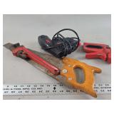 Lot of Four Tools Including Ace Electric Stapler, Manual Staple Gun, Pipe Wrench, and Handsaw