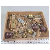 Mixed Box of Brass and Metal Cabinet Hinges, Casters, and Hardware