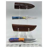 Damascus Steel Fixed Blade Knives with Leather Sheaths Set of Two