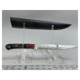 Damascus Steel Fixed Blade Knife with Multicolored Handle and Leather Sheath