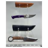 Two Fixed Blade Knives with Sheaths Featuring Pattern-Welded Steel and Wood Handles