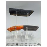 Custom Rasp Blade Knife with Red and Yellow Layered Handle and Leather Sheath