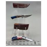Two Damascus Steel Knives with Leather Sheaths