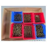 Assorted Metal Fasteners and Deck Screws in Plastic Storage Bins