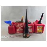 Group of Four Red Plastic and Metal Gasoline Containers with Funnels