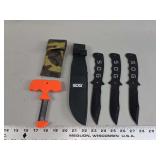 Three SOG Throwing Knives with Black Nylon Sheath and Fire Starter