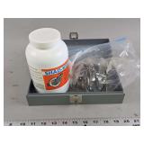 Sure-Life Shad-Keeper Formula Container and Metal Clips in Gray Metal Box