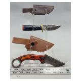 Two Damascus Steel Fixed Blade Knives with Leather Sheaths